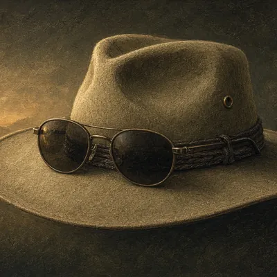 Illustration of wide-brim hat & sunglasses