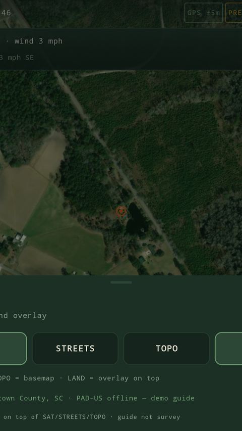 Your World Hunt screenshot: Layers: satellite, streets, topo and LAND