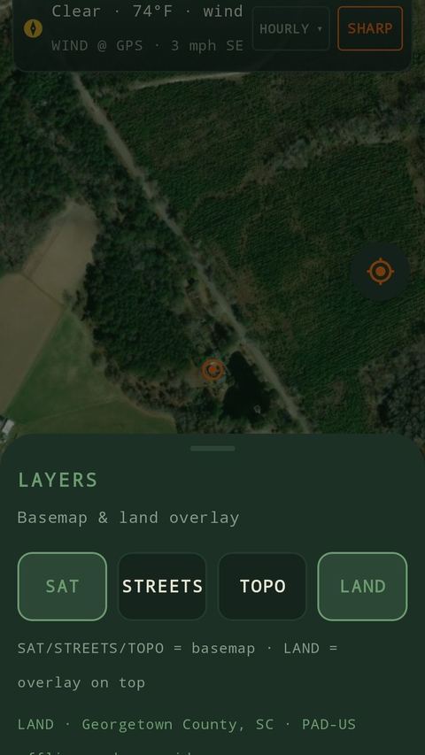 Your World Hunt screenshot: Layer sheet with the LAND overlay